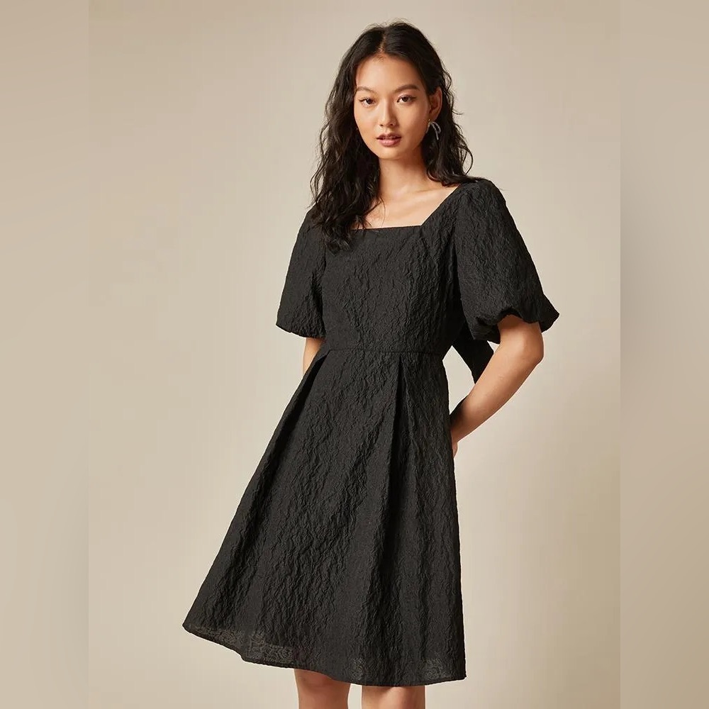 Goelia Detachable Bowknot Jacquard Mini Dress Black